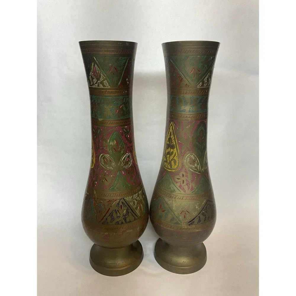 Vtg Brass Hand Etched Multicolored Flower Bud Vases Set of 2 Made In India 12